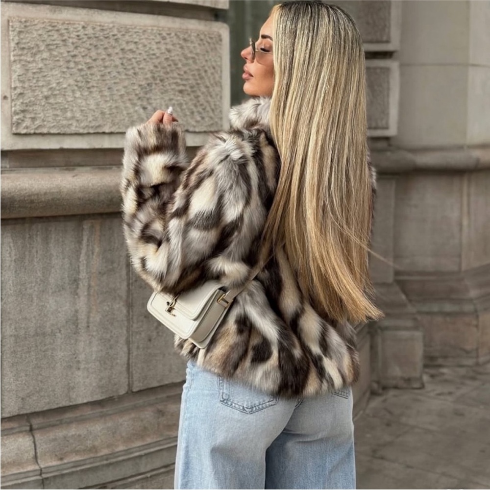 Zara Faux Fur Coat in White, Black and Brown - Picture 3 of 8